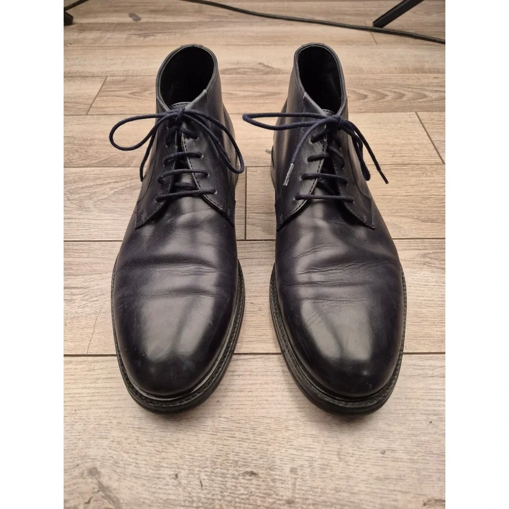 Hugo Boss Mens Dark Navy Blue Leather Chukka Boots Ankle Dress Shoes Sz 8.5